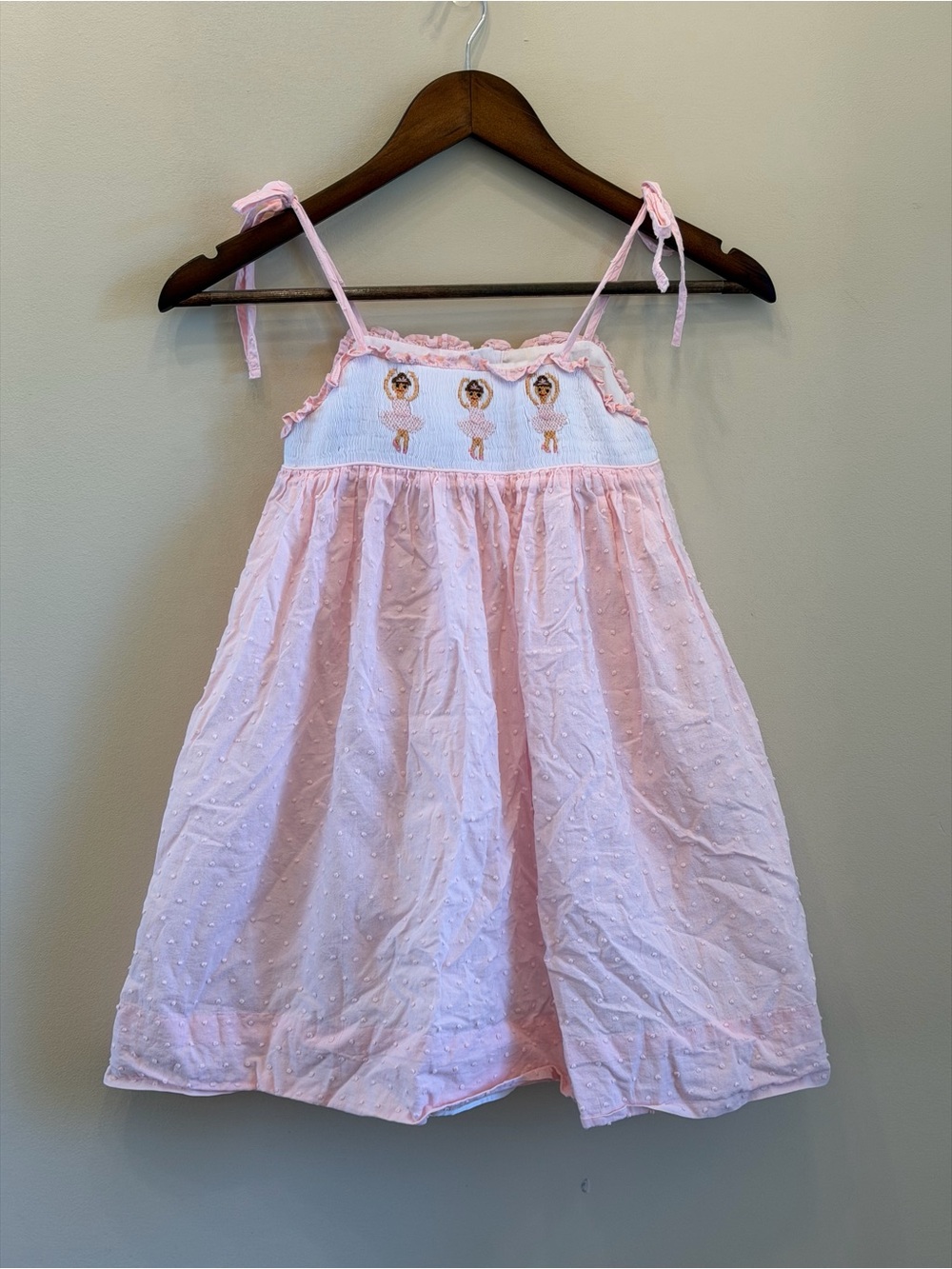 Smockingbird Pink Ballerina Smocked Swiss Dot Dress Size 5 Cotton